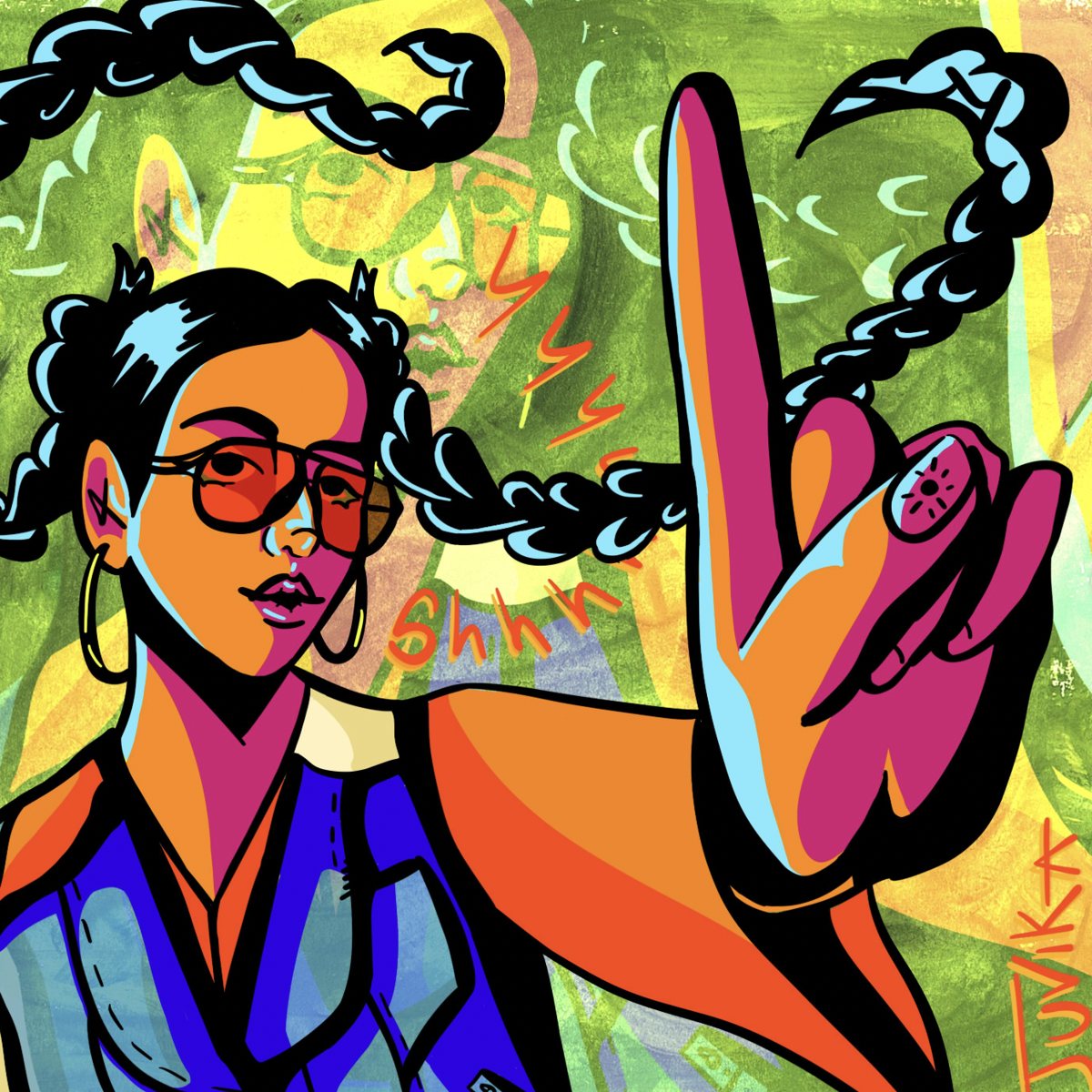 Cover of Silencio by Juvika: an illustrated woman with braids and orange glasses raising her hand